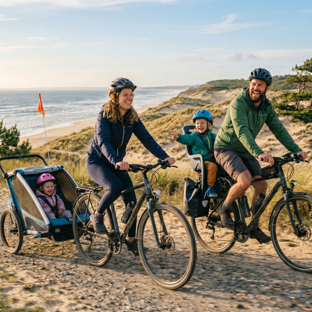 Famille à vélo avec une remorque enfant sur un chemin de dune