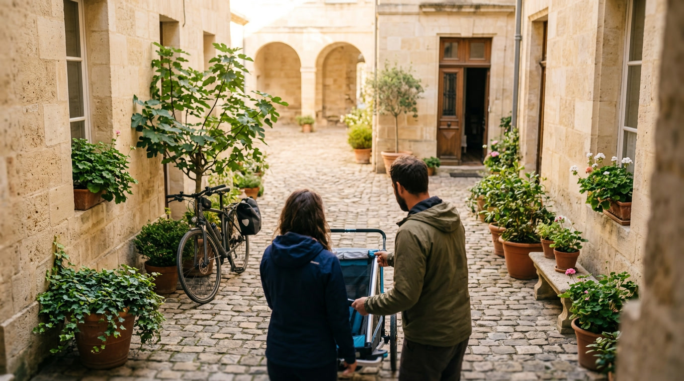 Parents préparant leur départ à vélo avec une remorque dans une cour pavée