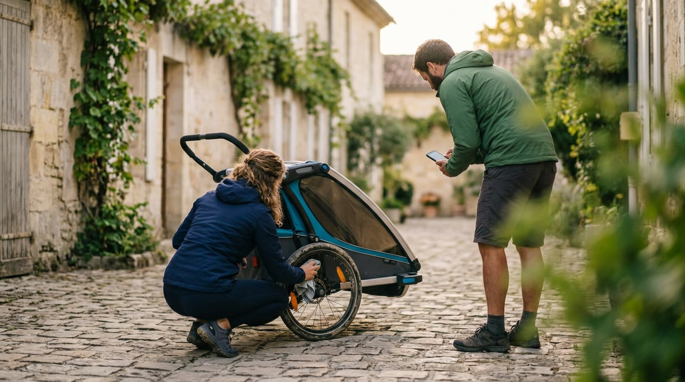 Nettoyage et vérification de la remorque vélo au retour dans une ruelle ancienne