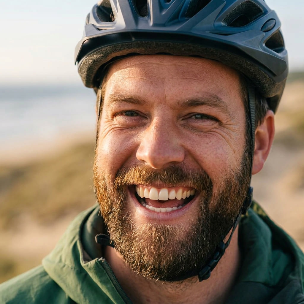 Portrait de Thomas, loueur, avec son casque de vélo